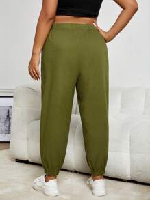 SHEIN EZwear Plus Drawstring Waist Slant Pocket Trousers - Army Green - View 2