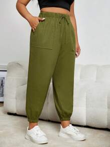 SHEIN EZwear Plus Drawstring Waist Slant Pocket Trousers - Army Green - View 5