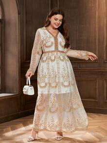 Đầm Plus Size Tương phản Mesh Thêu Tương phản ràng buộc Hoa Thanh lịch - Nhiều màu - Xem 7