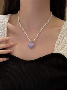 Heart Charm Faux Pearl Beaded Necklace