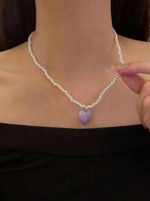 Heart Charm Faux Pearl Beaded Necklace