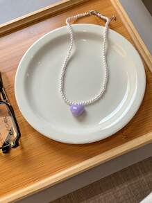 Heart Charm Faux Pearl Beaded Necklace