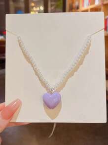 Heart Charm Faux Pearl Beaded Necklace