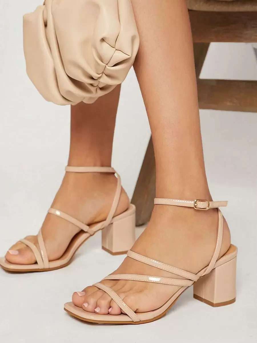 SHUZIA 女士鞋 系带方头粗跟 经典 PU 裸色高跟凉鞋 - 杏色 - 查看 1