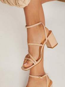 SHUZIA 女士鞋 系带方头粗跟 经典 PU 裸色高跟凉鞋 - 杏色 - 查看 3