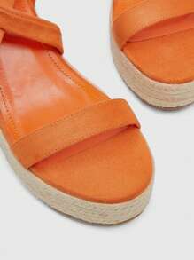 Styleloop 女性極簡風格草編鞋底條帶度假戶外仿麂皮坡跟涼鞋 - 橘色 - 查看 4