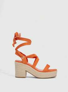 Styleloop 女性極簡風格草編鞋底條帶度假戶外仿麂皮坡跟涼鞋 - 橘色 - 查看 6