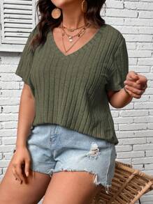 Calvaya 大碼素色V領T恤 - 軍綠色 - 查看 6