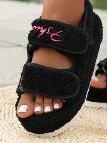 Xăng-đan đế bằng mờ thêu chữ cái móc khóa dây buộc thời trang cho nữ, Xăng-đan quai hậu bằng vải thời trang - màu đen - Xem 4