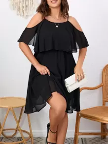 Flouryn Plus Cold Shoulder Ruffle Trim Dress - Black - View 5