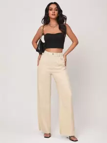 SHEIN Essnce Quần jean nữ Túi Dây kéo Nút màu trơn - Màu Khaki - Xem 1