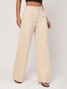 SHEIN Essnce Quần jean nữ Túi Dây kéo Nút màu trơn - Màu Khaki - Xem 3