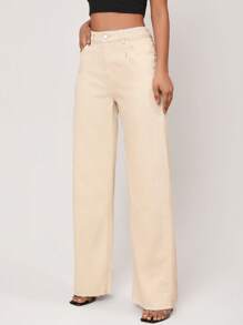 SHEIN Essnce Quần jean nữ Túi Dây kéo Nút màu trơn - Màu Khaki - Xem 5