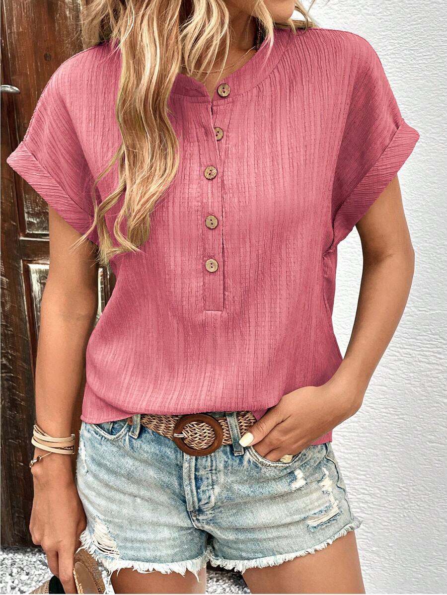 SHEIN LUNE Half Button Batwing Sleeve Blouse - Redwood - View 1