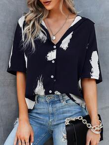 SHEIN LUNE Camisa con estampado de pincelada con botón delantero - Azul Marino - Ver 4