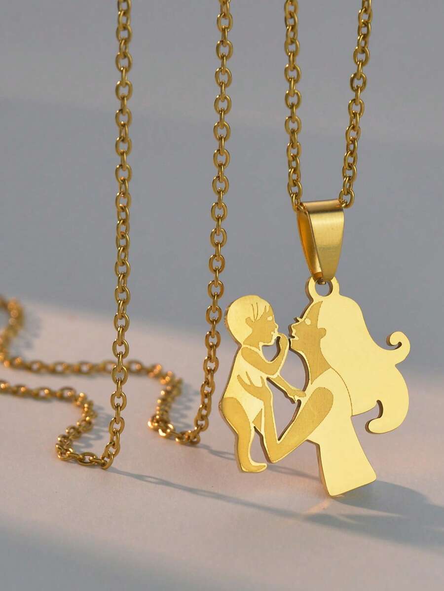 1 vòng cổ mặt dây chuyền mẹ và con bằng thép không gỉ đơn giản và thời trang - Vàng - Xem 1