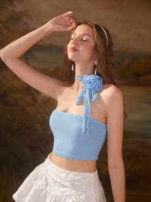 SHEIN MOD Blue Summer Romantic Fishnet Solid Floral Appliques Halter Top - Baby Blue - View 3