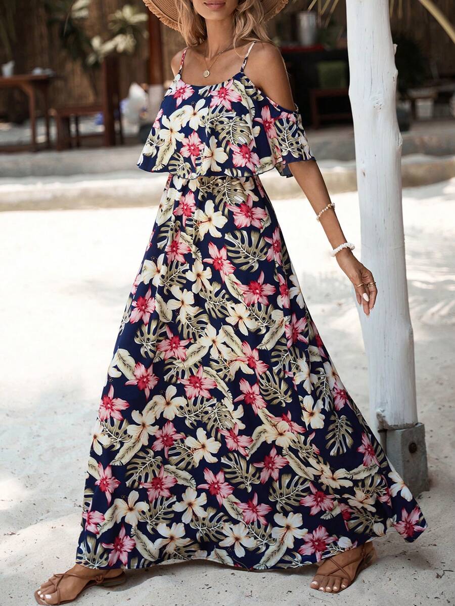 EMERY ROSE Tropical & Floral Print Cold Shoulder Ruffle Trim Dress Maxi Vacation Beach Outfits Women - Multicolor - View 1