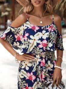 EMERY ROSE Tropical & Floral Print Cold Shoulder Ruffle Trim Dress Maxi Vacation Beach Outfits Women - Multicolor - View 4