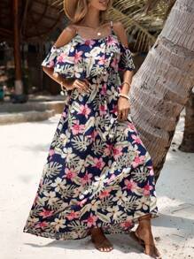 EMERY ROSE Tropical & Floral Print Cold Shoulder Ruffle Trim Dress Maxi Vacation Beach Outfits Women - Multicolor - View 6