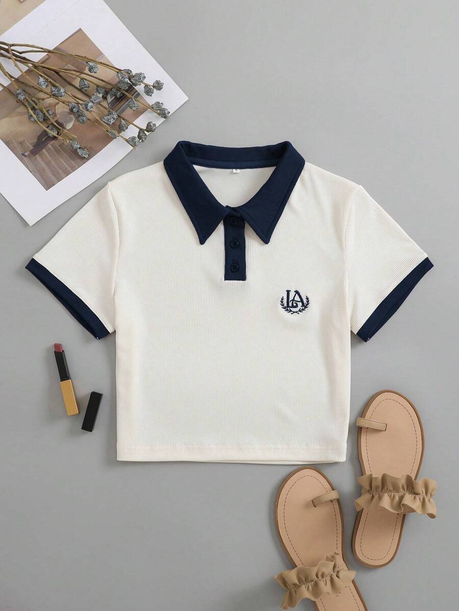 INAWLY Embroidery Contrast Trim Polo Neck Tee Graphic Tees Women Tops