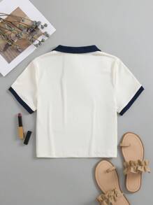 INAWLY Embroidery Contrast Trim Polo Neck Tee Graphic Tees Women Tops