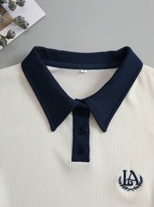 INAWLY Embroidery Contrast Trim Polo Neck Tee Graphic Tees Women Tops