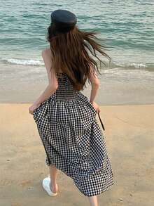 Vestido tubo de guingán fruncido - Blanco y Negro - Ver 2