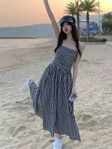 Vestido tubo de guingán fruncido - Blanco y Negro - Ver 3