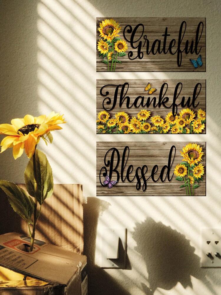 3pcs/Set PVC Wall Decal, Modern Sunflower & Letter Graphic Wall Sticker For Home Wall Decor,Stickers,Wall Decal, Vinyl Decal For Home Decorations,Spring Decoration Items Refresh Your Home,Rama Decoration Stickers