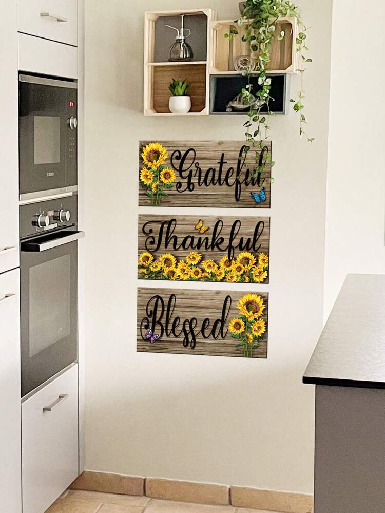 3pcs/Set PVC Wall Decal, Modern Sunflower & Letter Graphic Wall Sticker For Home Wall Decor,Stickers,Wall Decal, Vinyl Decal For Home Decorations,Spring Decoration Items Refresh Your Home,Rama Decoration Stickers
