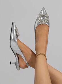 Giày cao gót mũi nhọn trang trí bằng kim loại cho nữ, Giày cao gót màu bạc quyến rũ - Bạc - Xem 1