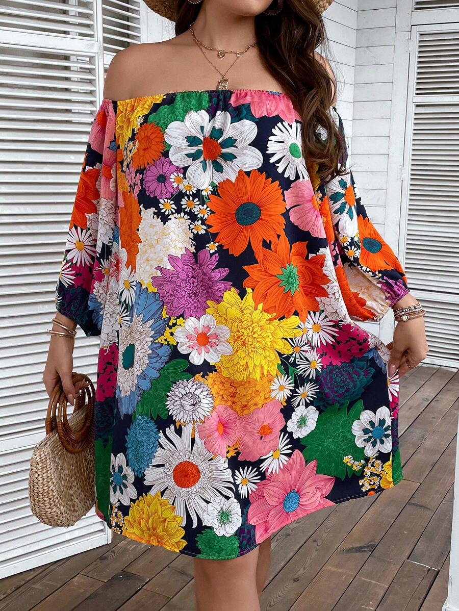 Breezaya Plus Floral Print Off Shoulder Dress - Multicolor - View 1