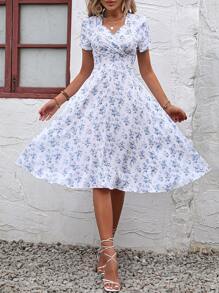 SHEIN LUNE Ditsy Floral Print Surplice Neck Dress - White - View 5