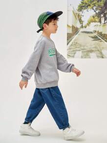 男孩寬鬆春秋保持印花衛衣，簡約設計，適合春秋日常穿著 - 灰色 - 查看 5