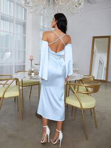 挖肩開衩袖緞面連衣裙 - 淺藍色 - 查看 2