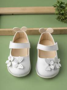 Baby Girls Butterfly & Rhinestone Decor Hook-and-loop Fastener Design Sweet & Cute Mary Jane Flats For Outdoor