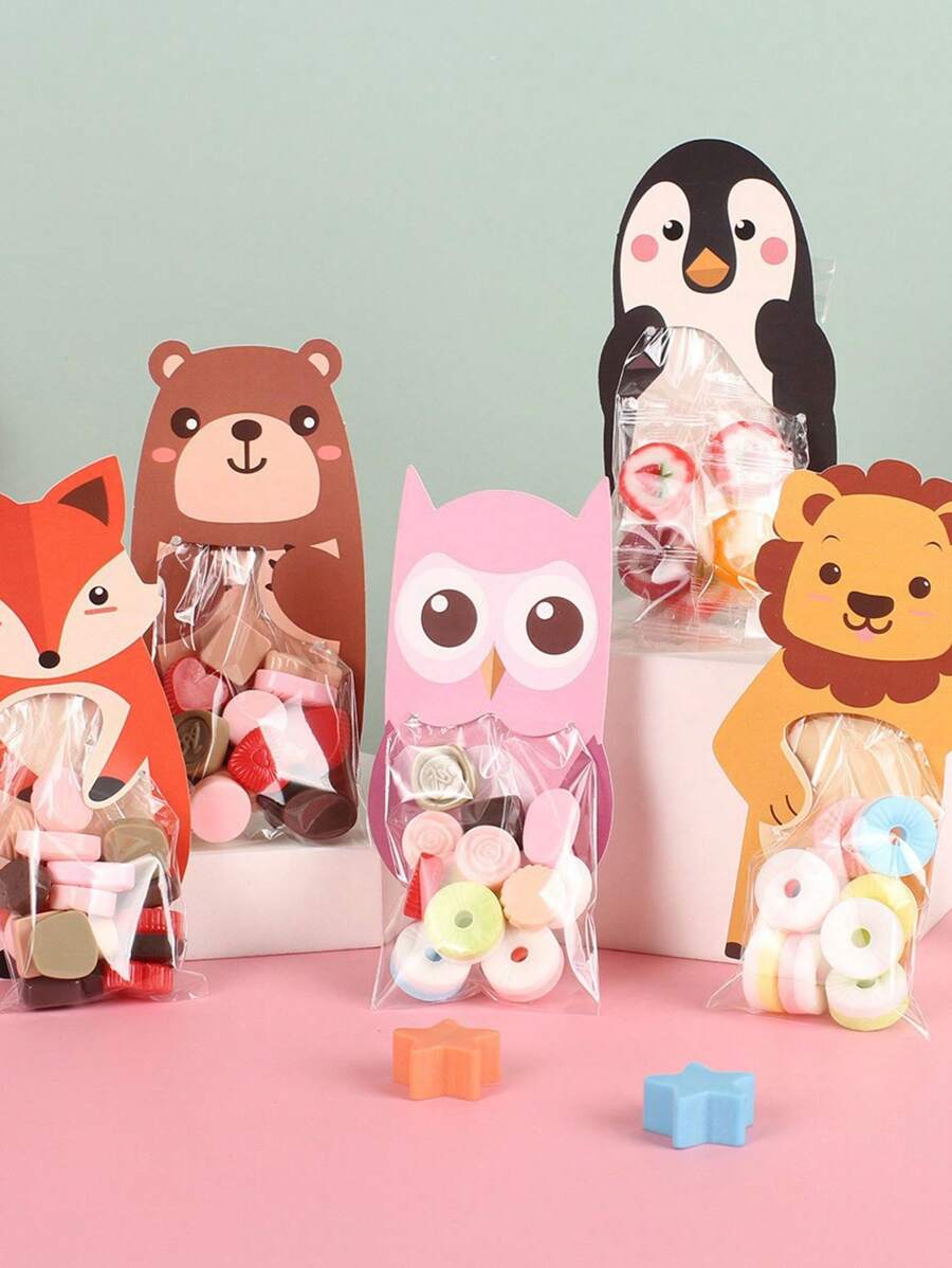 10 piezas Bolsas de envoltura para golosinas con patrón de animales para empaquetado de chocolate en fiestas de cumpleaños - Marrón - Ver 1