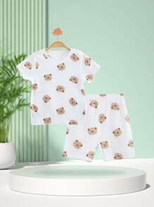 Baby Girl Bear Printed Short Sleeve Set For Summer - White - View 1