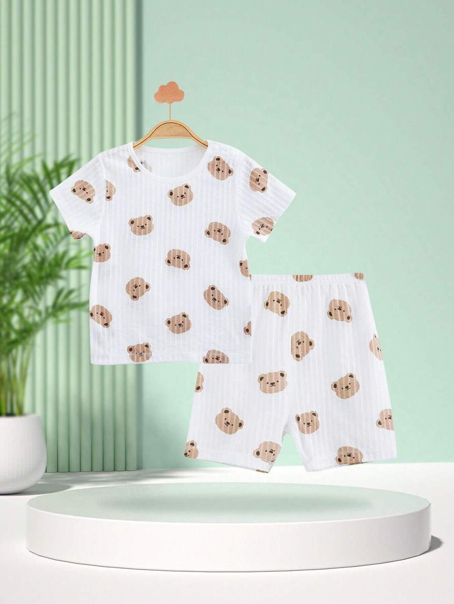 Baby Girl Bear Printed Short Sleeve Set For Summer - White - View 1