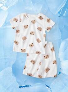 Baby Girl Bear Printed Short Sleeve Set For Summer - White - View 3