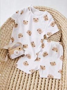 Baby Girl Bear Printed Short Sleeve Set For Summer - White - View 5