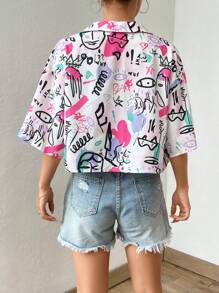 SHEIN EZwear Women's Short Sleeve Collar Drop Shoulder Crop Top Graffiti Print Button Down Shirts Blouse - Multicolor - View 2