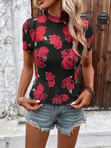 SHEIN LUNE Floral Print Mock Neck Mesh Top - Black - View 3