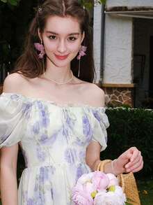 印花一字肩泡泡袖連衣裙 - 紫色 - 查看 7