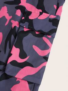SHEIN Teen Girls Camo Print Flap Pocket Side Cargo Trousers - Multicolor - View 4