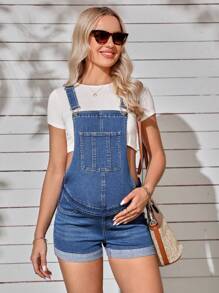 SHEIN Áo liền quần và áo liền quần denim dành cho bà bầu Nút Túi màu trơn - Rửa trung bình - Xem 1