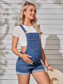 SHEIN Áo liền quần và áo liền quần denim dành cho bà bầu Nút Túi màu trơn - Rửa trung bình - Xem 4