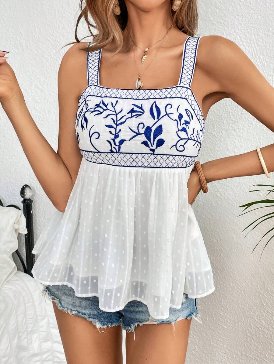 SHEIN VCAY 花卉刺繡圓點荷葉擺吊帶上衣 - 白色 - 查看 1