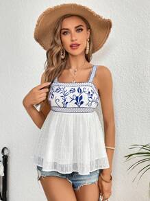 SHEIN VCAY 花卉刺繡圓點荷葉擺吊帶上衣 - 白色 - 查看 5